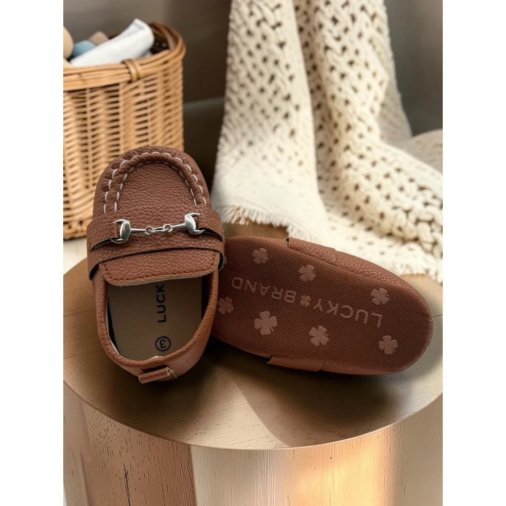 Lucky Brand Infant Boys Brown Pebbled Horsebit Loafers Crib Shoes Size 3